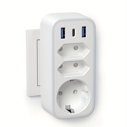 2er-Pack USB-Steckdose, Steckdosenadapter, 6-in-1-Mehrfachsteckdose mit 3 Steckdosen, 2 USB-Ladegeräten, 1 Typ-C-Anschluss, kompatibel mit Mobiltelefonen, Laptops, für Haushaltsgeräte, Mehrfachstecker für Zuhause, Reisen und Büro