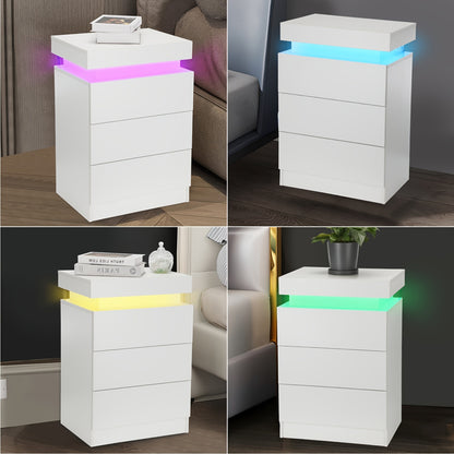 LED Beistelltisch mit 3 Schubladen und 1 Schubladenoberteil, Nachttisch mit 4-seitigem Hochglanz, RGB LED Farben, Beistelltisch Nachttisch für Schlafzimmer Wohnzimmer Wohnmöbel, Weiß