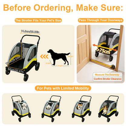 XXL faltbarer Hunde-Kinderwagen mit 4 Rädern, extra großer Kinderwagen mit abnehmbarer Trennwand, nur für einen großen Hund geeignet, Haustier-Reisekinderwagen, Hunde-Kinderwagen, Haustier-Jogger, Reise-Wagen, ein-Klick-Faltung, verstellbarer Griff, geeig
