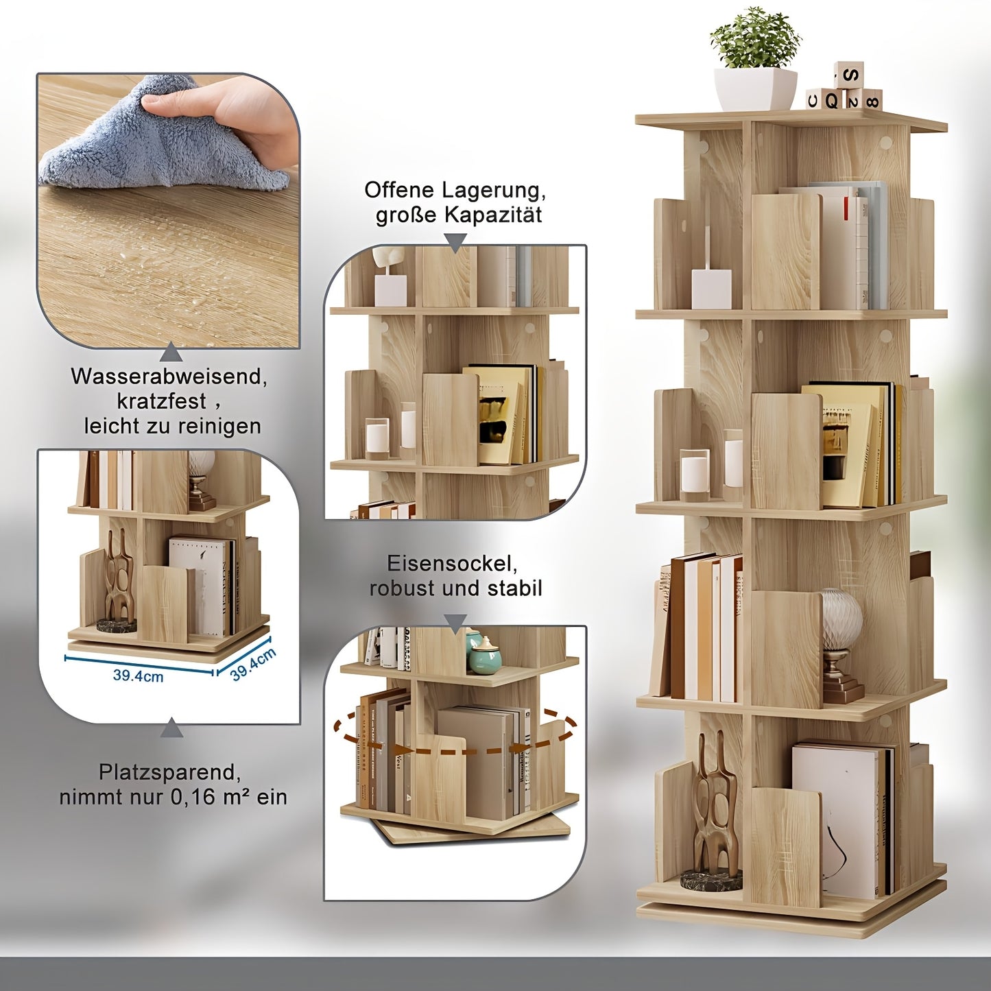 Rotierendes Bücherregal, Regaltrennwand, vertikales Regal, drehbares Regal, Büroregal, dekoratives Regal, 360° freie Drehung, 4 Ebenen MDF, geeignet für mehrere Bereiche wie Büros, Schlafzimmer und Wohnzimmer, 39,5x128x39,5 cm, Weiß/Hellholzoptik