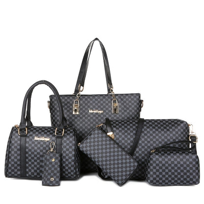 Modisches 6-teiliges Damen-Handtaschen-Set, geometrisches Muster, urbanes Thema, Reißverschluss, Polyester-Futter, Kantenlackierung
