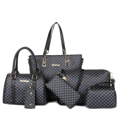Modisches 6-teiliges Damen-Handtaschen-Set, geometrisches Muster, urbanes Thema, Reißverschluss, Polyester-Futter, Kantenlackierung