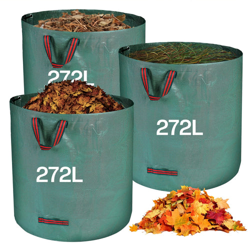 Gartensacke, 3er-Pack, je 272 Liter - Garten Laubsäcke mit Griffen - Faltbar, hergestellt aus 150GSM Polypropylen-Gewebe, langlebig - Geeignet für Rasenschnitt, Gartenabfälle, Grünaufkommen und herabgefallene Blätter