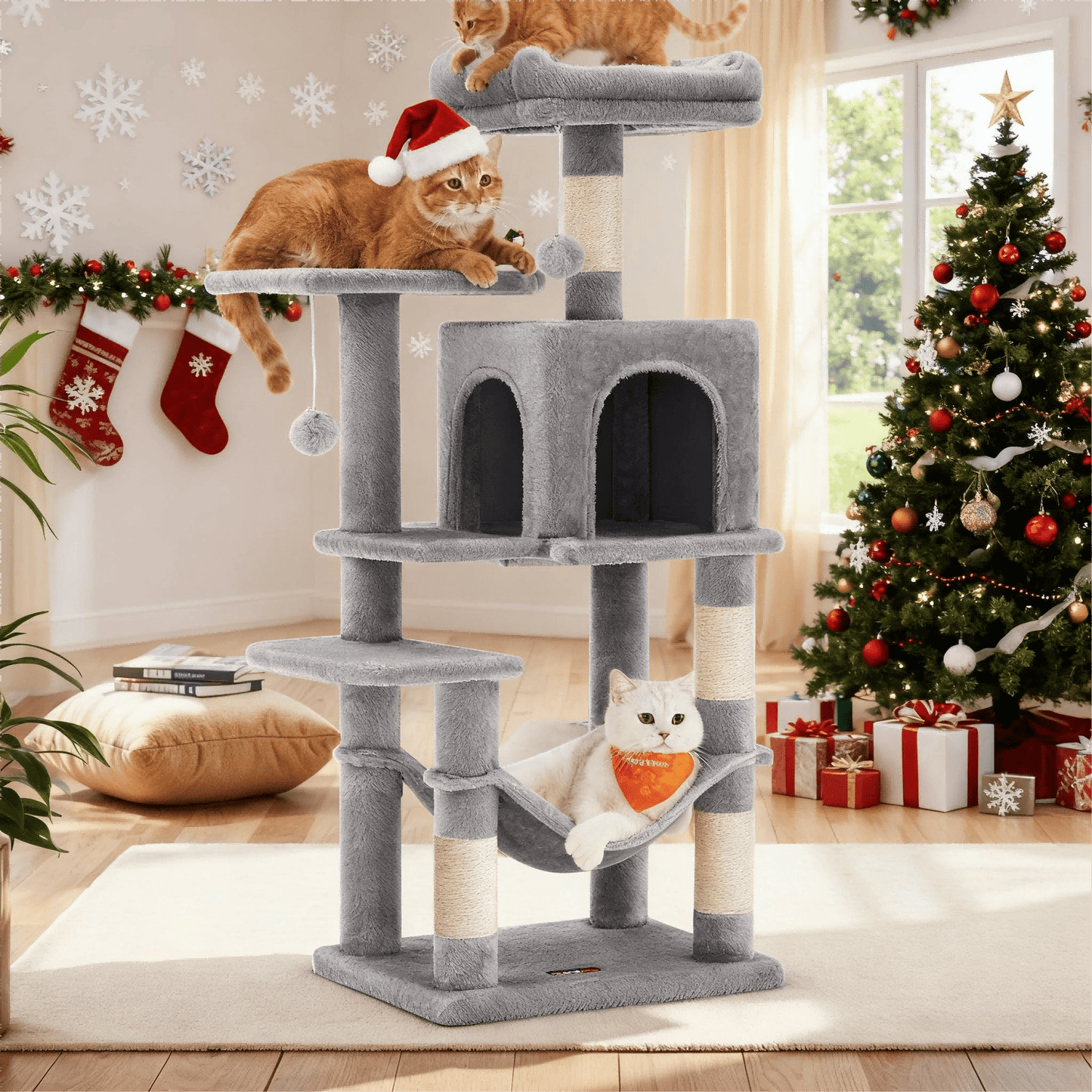 Katzenklettergerüst 112 cm hoch，Kratzbaum，mehrstöckiger Katzenbaum mit Höhle Schlafnest Plüschspielzeug , mehrstöckiges Katzenhaus mit 4 Kratzsäulen, 2 Plattformen, Hängematte,Stabiles Und Langlebiges ,für Wohnungskatzen Und Kätzchen