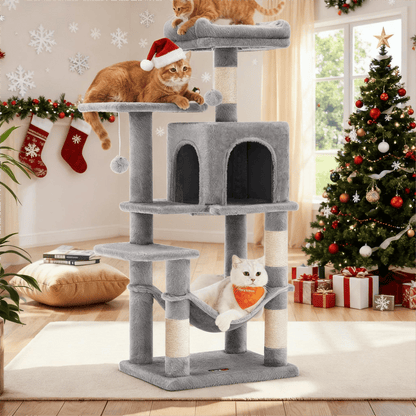 Katzenklettergerüst 112 cm hoch，Kratzbaum，mehrstöckiger Katzenbaum mit Höhle Schlafnest Plüschspielzeug , mehrstöckiges Katzenhaus mit 4 Kratzsäulen, 2 Plattformen, Hängematte,Stabiles Und Langlebiges ,für Wohnungskatzen Und Kätzchen