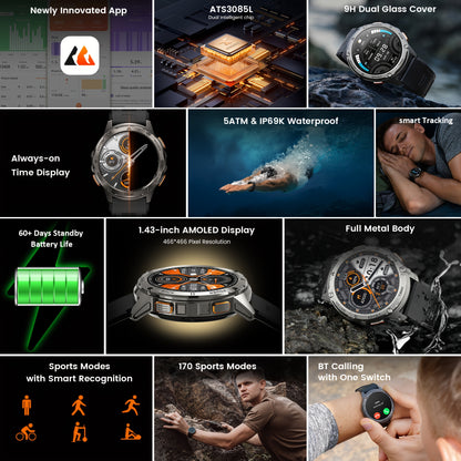 Neue KOSPET TANKT3 Herren-Smartwatch mit 500mAh Hochkapazitätsbatterie für bis zu 60 Tage Standby-Zeit. IP69K & 5ATM Hochwertigkeit, geeignet für Schwimmen  Wasseraktivitäten. Vollmetallgehäuse, Bluetooth-Anrufe, 1,43-Zoll AMOLED HD-Display. 170+ Sportmod