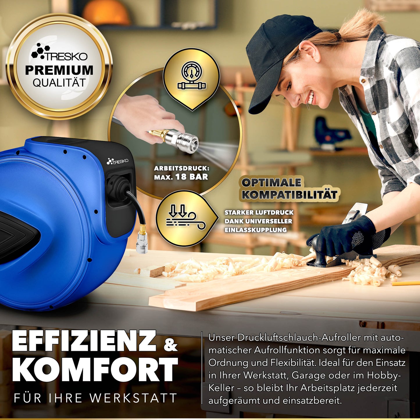 TRESKO® Druckluft Schlauchtrommel automatisch | Druckluftschlauch Aufroller 1/4" Anschluss | Wandschlauchhalter Automatik Schlauchaufroller