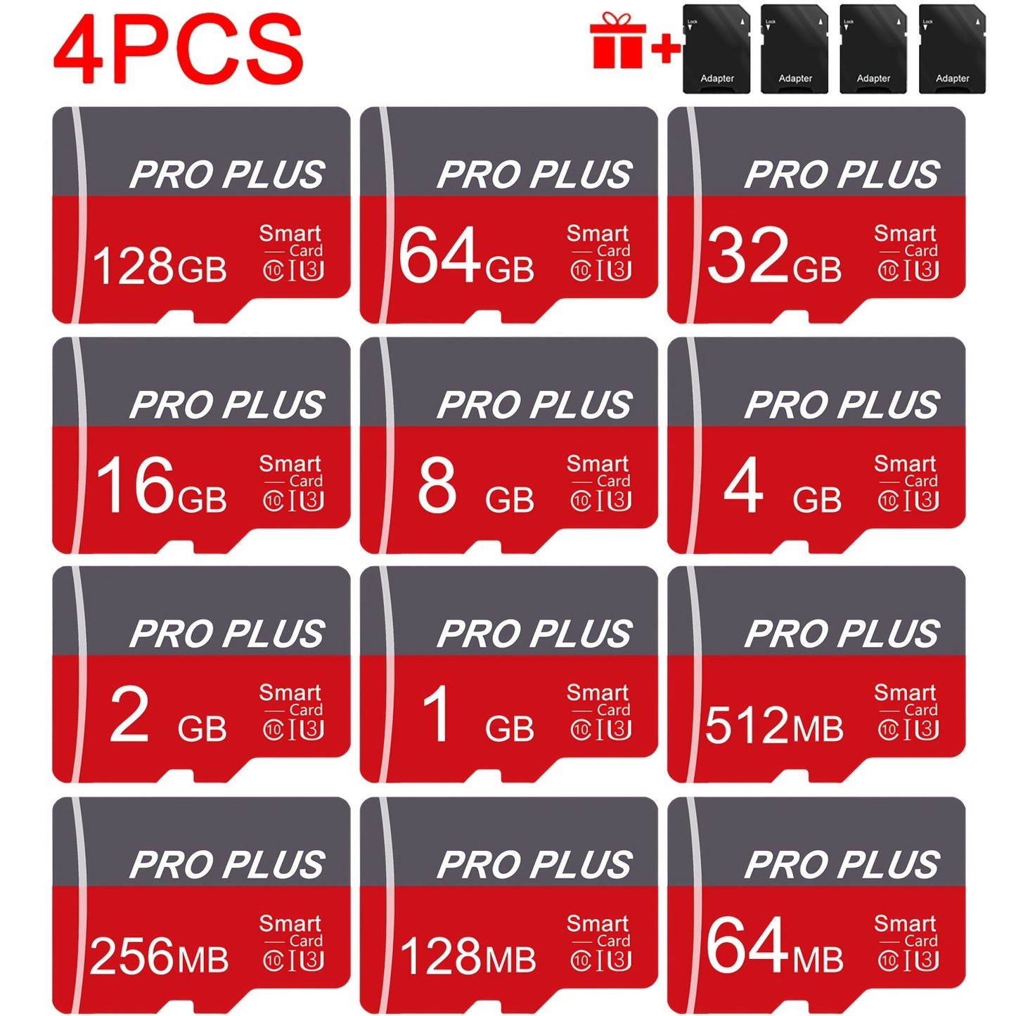 4er-Pack Speicherkarte 128GB 64GB 32GB 16GB mit Adapter, High-Speed Speicherkarte 8GB 4GB 2GB 1GB, U3 C10 A1 Speicher TF Karte 512MB 256MB 128MB 64MB für Tablet/Kamera/Handy/Auto Audio/Spielekonsole - Echte Kapazität, Verwerfe falsche Standards