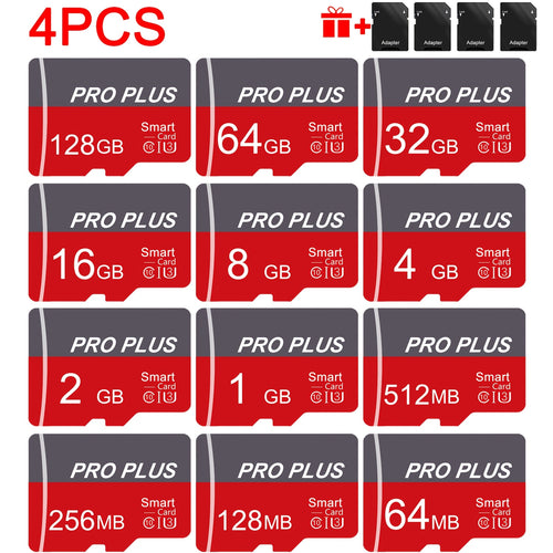 4er-Pack Speicherkarte 128GB 64GB 32GB 16GB mit Adapter, High-Speed Speicherkarte 8GB 4GB 2GB 1GB, U3 C10 A1 Speicher TF Karte 512MB 256MB 128MB 64MB für Tablet/Kamera/Handy/Auto Audio/Spielekonsole - Echte Kapazität, Verwerfe falsche Standards