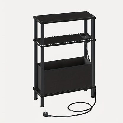 3-stöckiger schmaler Beistelltisch, Sofatisch mit Ladestation, Nachttisch mit herausnehmbarem Vlies-Schubladenschrank, Sofatisch im Landhausstil, geeignet für Schlafzimmer, Wohnzimmer, Büro, verschiedene Szenen, Braun und Schwarz
