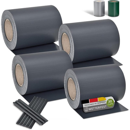 PVC Sichtschutzstreifen Doppelstabmatten Zaun 4er Set - 4 Rollen á 35m x 19cm - 120 Befestigungsclips - Zaunfolie Sichtschutz Windschutz - anthrazit