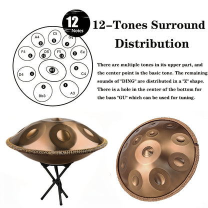 Handpan-Trommel mit 12 Noten, 55,88 cm d-moll Kurd 432Hz Stahlzungen-Handpan-Trommel für Erwachsene, Yoga, Meditation, handgestimmtes Klangheilungsinstrument, Geschenk für Anfänger mit weicher Tasche, Handschlägeln, Ständer, Tuch, Klangaufklebern