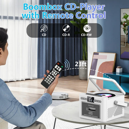 CD-Kassettenspieler-Boombox mit 5000-mAh-Akku, tragbarer CD-Player, 5-W-Dual-Stereo-Lautsprechern, FM-Radio, Fernbedienung, Aufnahmefunktion, 3,5-mm-Kopfhöreranschluss – unterstützt AUX, TF-Karte und USB für Zuhause