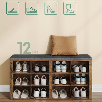 Schuhbank, Schuhregal mit Sitz, Bank mit Stauraum, Kissen, 12 Fächer, für Wohnzimmer, Flur, Schlafzimmer, Weiß-Grau