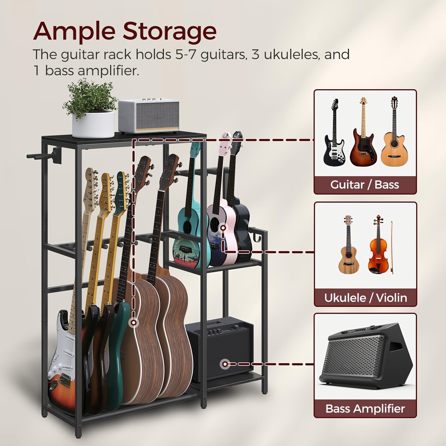 Multifunktionaler Gitarrenständer, geeignet für Akustikgitarren, E-Gitarren, Bassgitarren, Ukulelen, Banjos, fasst 7 Gitarren, mit Gitarrenverstärkerständer, Gitarrenzubehör-Aufbewahrungsregal und EVA-Staubschutzhülle, geeignet für Heimstudios, Schwarz