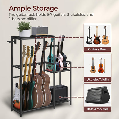 Multifunktionaler Gitarrenständer, geeignet für Akustikgitarren, E-Gitarren, Bassgitarren, Ukulelen, Banjos, fasst 7 Gitarren, mit Gitarrenverstärkerständer, Gitarrenzubehör-Aufbewahrungsregal und EVA-Staubschutzhülle, geeignet für Heimstudios, Schwarz