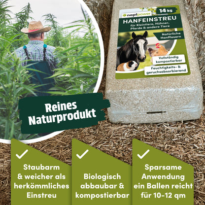 napfpower® Hanfeinstreu 14 kg für Hühner, Kleintiere & Pferde | staubarmes Hanfstreu für Hühner & Kleintiere | extrem saugfähiges & kompostierbares Hanf Einstreu für Tierställe