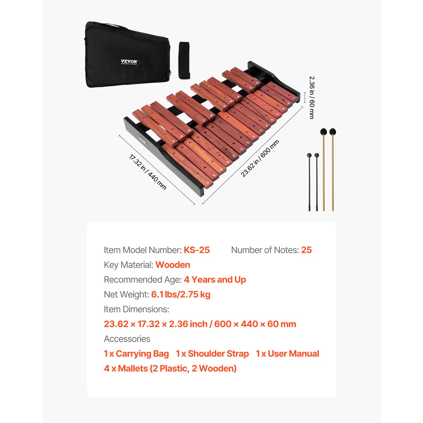 VEVOR Glockenspiel Xylophone, 25 Notes, Wooden Professional Xylophone Percussion Instrument, with 4 Mallets, Carrying Bag, Beginner Glockenspiel Musical Instrument Kit for Adults