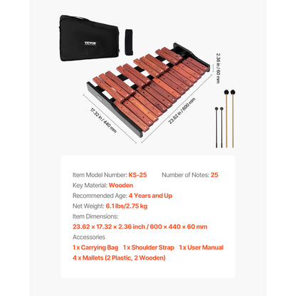 VEVOR Glockenspiel Xylophone, 25 Notes, Wooden Professional Xylophone Percussion Instrument, with 4 Mallets, Carrying Bag, Beginner Glockenspiel Musical Instrument Kit for Adults