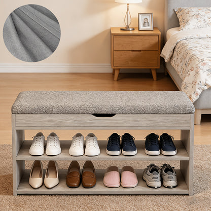 Schuhbank mit Sitzfläche  Staufächern, offenes Schuhregal, 80*24*44cm, mehrschichtige Kapazität, gepolstert, geeignet für Wohnzimmer, Flur  Schlafzimmer, Grau