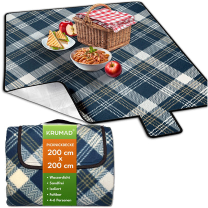STRANDDECKE PICKNICKDECKE XXL 200 X 200 CM MIT ISOLIERUNG, KARIERTE OUTDOORDECKE FÜR STRAND, PICKNICK, CAMPING, GARTEN UND REISE, WASSERDICHTE UNTERSEITE
