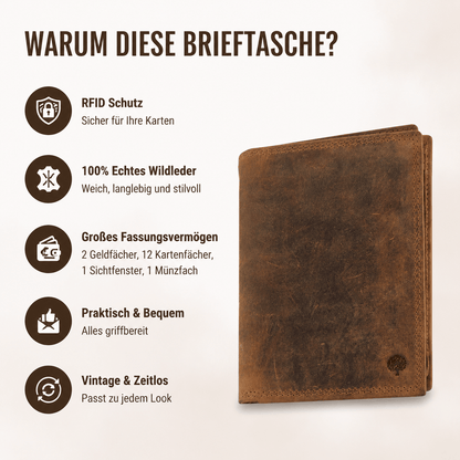 Herren Geldbörse aus echtem Wildleder – RFID Schutz, Vintage Stil, Großes Fassungsvermögen mit 12 Kartenfächern, Münzfach & Sichtfenster, Soft Touch, Langlebig