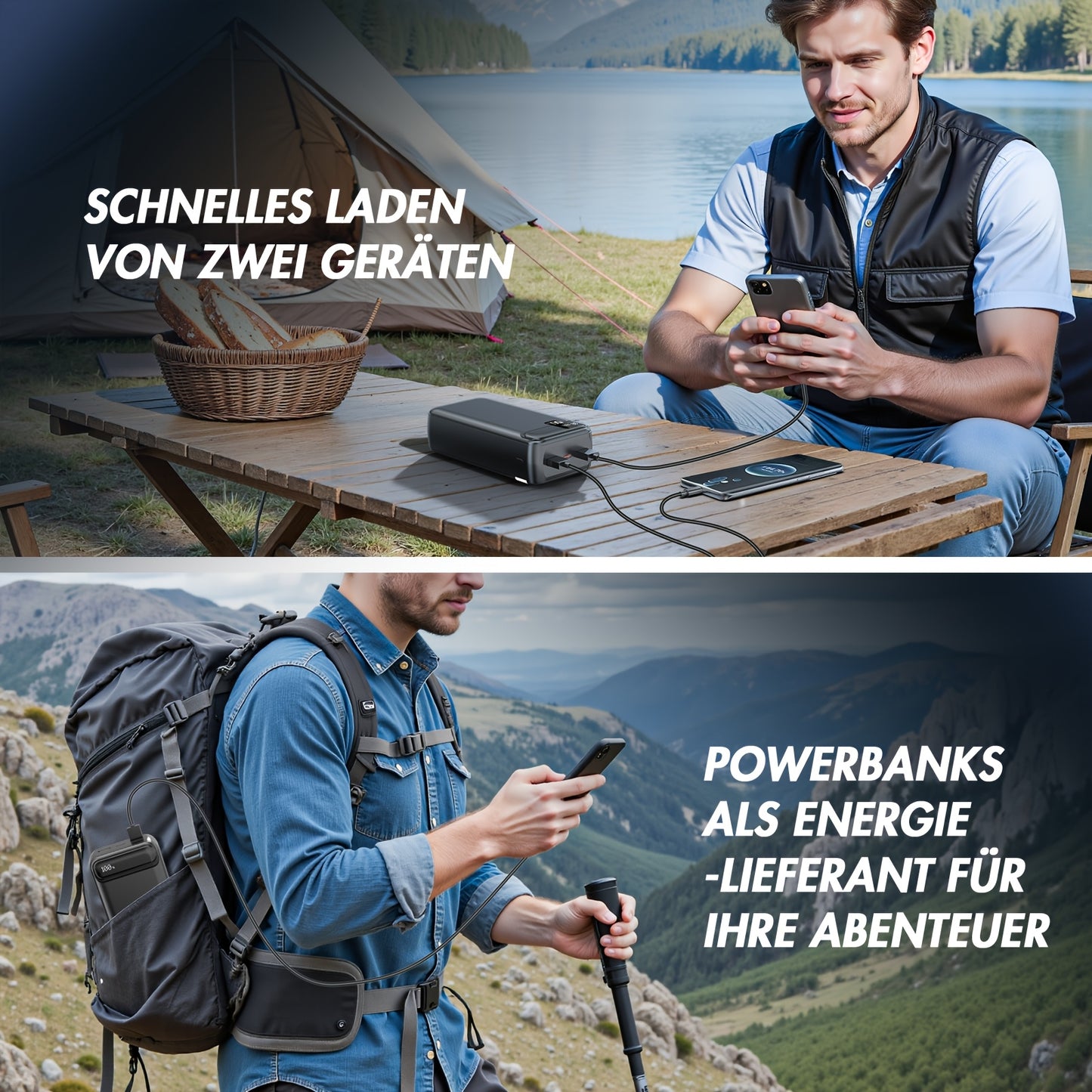 50000mAh Externer Akku Tragbare Powerbank, USB-Powerbank 22,5W, PD3.0 Schnelllade-Funktion, 3 Eingänge  3 Ausgänge, Handy-Ladegerät-Akku kompatibel für iPhone, Samsung, Huawei, iPad usw.