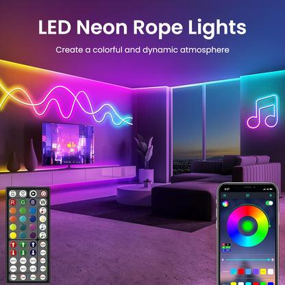 Verbesserte Smart RGB Neon LED Strip von Mexllex mit App-/Fernbedienung, verschiedenen Modi, Timer-Funktionen und Musiksynchronisation für Gaming und Raumdeko