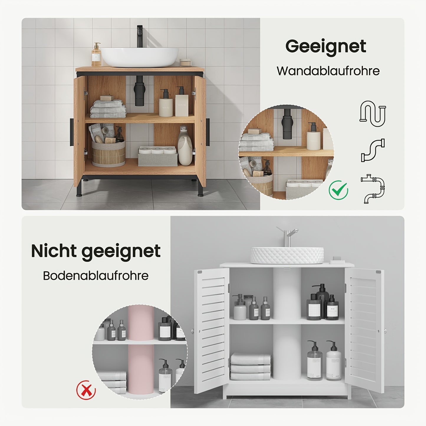 1 Stück Kommode 60x60x30 cm, Verstellbarer Aufbewahrungsschrank, Kleiner Badezimmerschrank mit Trennwand, Badezimmer-Schrank aus Holz und Metall, Schwarz