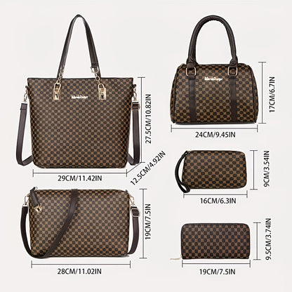 Modisches 6-teiliges Damen-Handtaschen-Set, geometrisches Muster, urbanes Thema, Reißverschluss, Polyester-Futter, Kantenlackierung