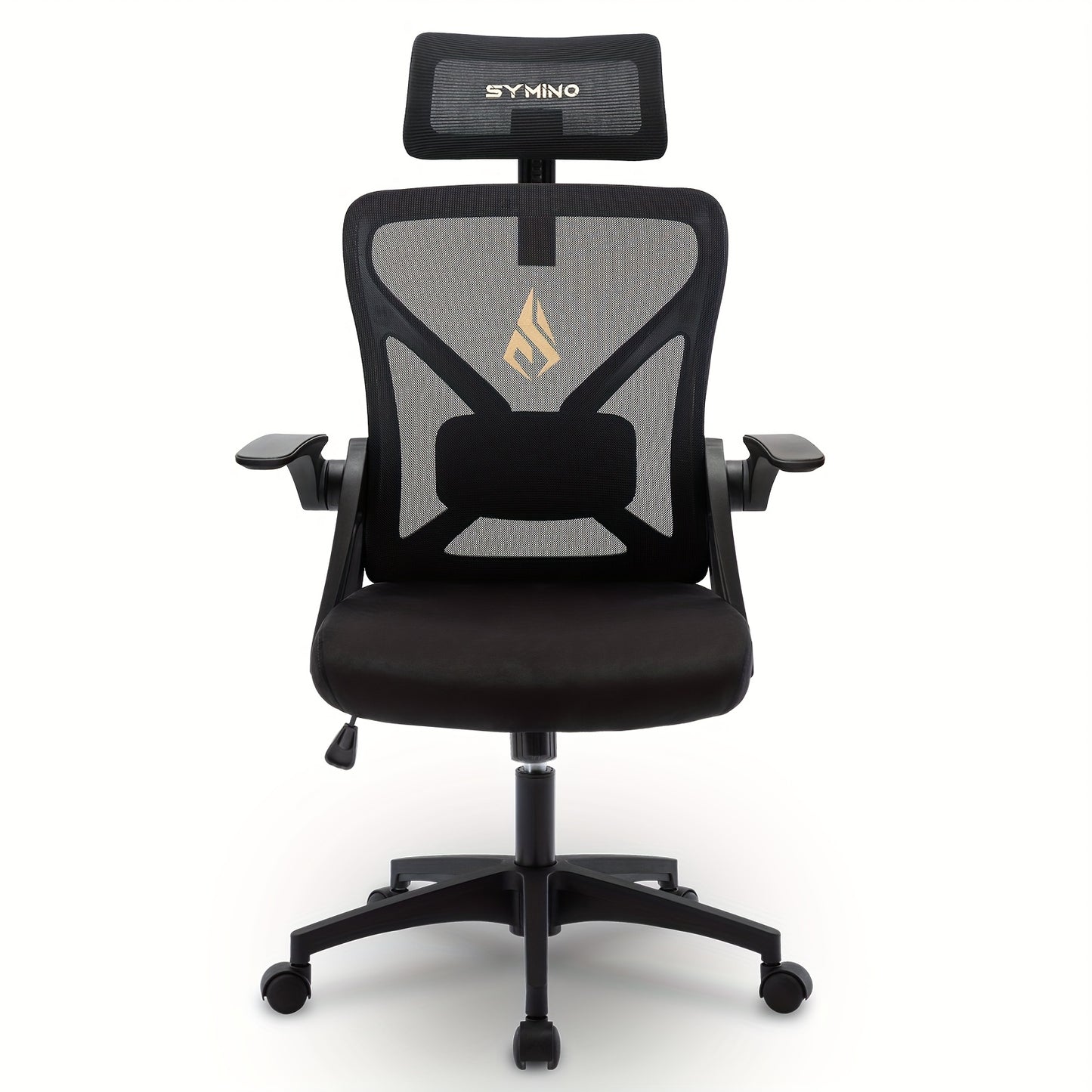 Symino Ergonomischer Bürostuhl mit verstellbarer Kopfstütze, Armlehnen, Lendenwirbelstütze  Dreh-Schaukel-Funktion – Atmungsaktives Mesh-Design, bis zu 150 kg belastbar, Schwarz