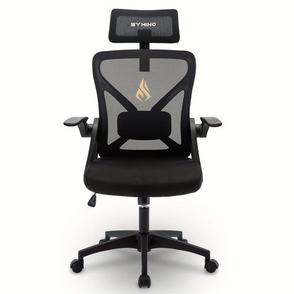 Symino Ergonomischer Bürostuhl mit verstellbarer Kopfstütze, Armlehnen, Lendenwirbelstütze  Dreh-Schaukel-Funktion – Atmungsaktives Mesh-Design, bis zu 150 kg belastbar, Schwarz
