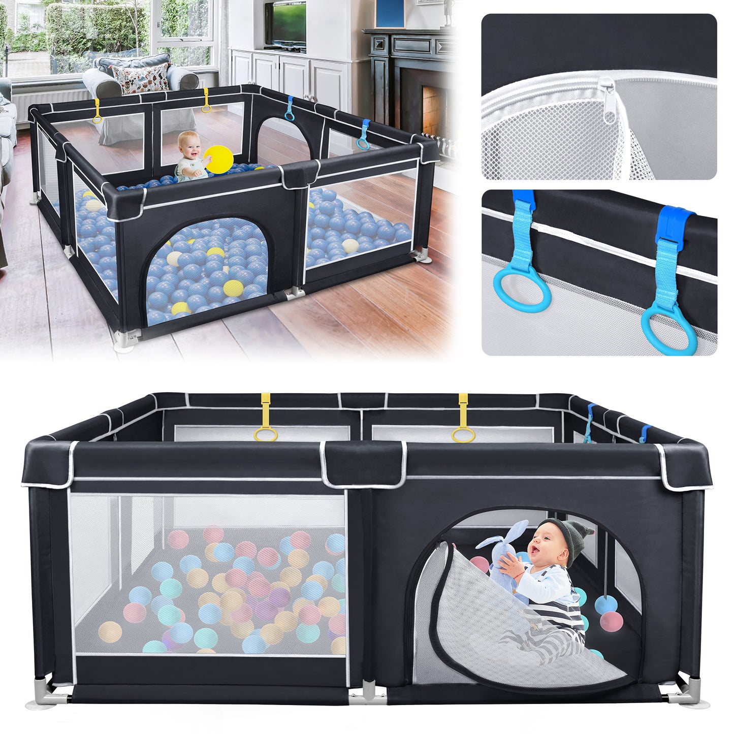 Laufgitter, Baby-Tor, Sicherheitstür, Barriere Aktivitätszentrum, Aktivitätszentrum, Schwarz, mit Sicherheitstür Krabbelgitter, mit rutschfester Basis, atmungsaktivem Netz und Ozeanball