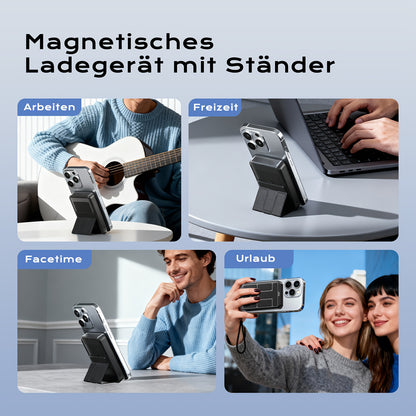 Magnetische Powerbank, 10000mAh faltbarer magnetischer kabelloser tragbarer Ladegerät mit Ständer  USB-C (seitlich), nur für iPhone 17/17 Pro/16/16 Pro/15/15 Plus/15 Pro/15 Pro Max, iPhone 14/13 Serie