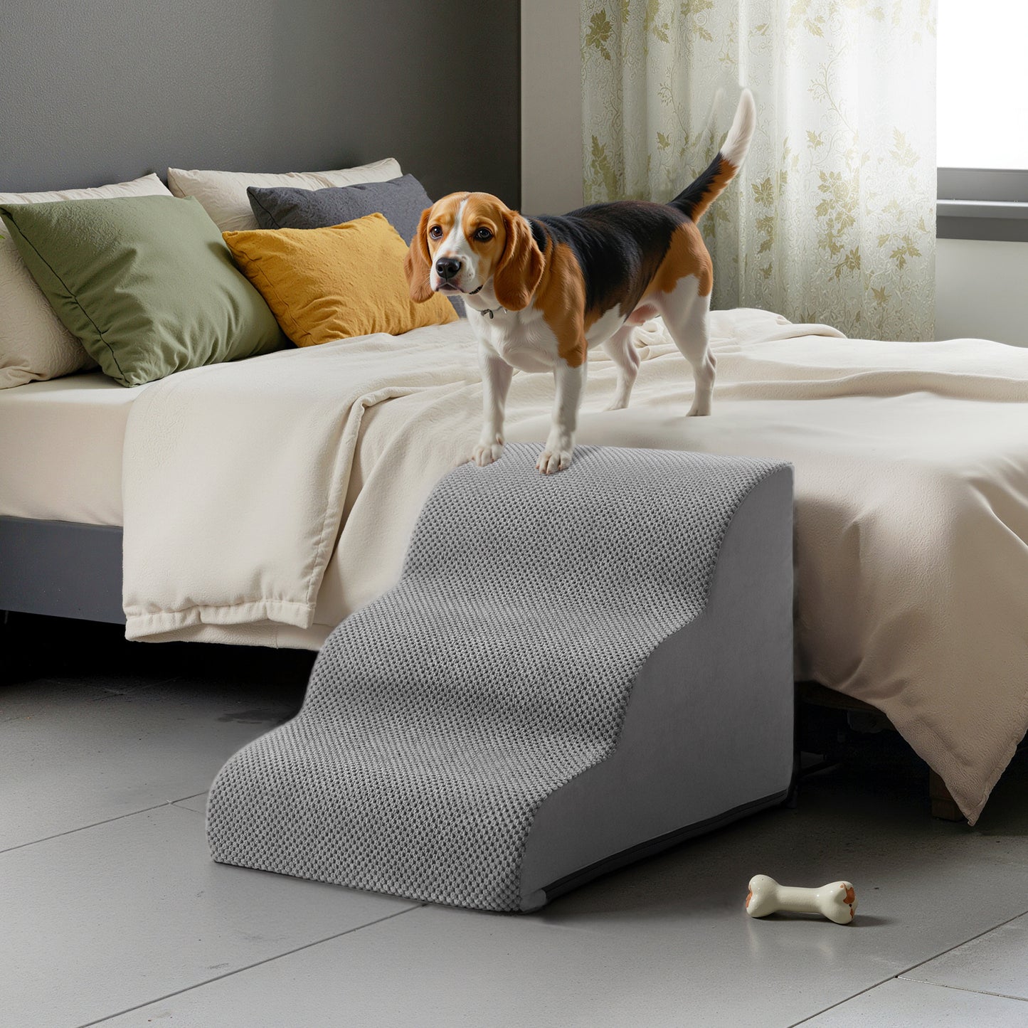 2/3/4 Stufen Hundetreppe/Haustiertreppe/Sofabett-Rampe,stufig-Haustiertreppe, Waffelcord, rutschfest, abnehmbarer waschbarer Bezug, ist die geringe Steigung freundlich für kleine, ältere, verletzte oder kurzbeinige Haustiere, Schiefergrau