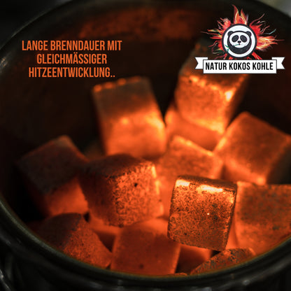HAPPY PANDA NATUR KOKOS KOHLE – Shisha Kohle 1,1 kg, 64 Würfel aus 100 % Kokosnussschalen, Premium Kokoskohle mit langer Brenndauer, wenig Asche, geschmacksneutral - verwendbar für Shisha / Hookah / Huka / Wasserpfeife
