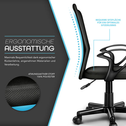 TRESKO® Bürostuhl mit Armlehnen stufenlos höhenverstellbar | Drehstuhl aus atmungsaktivem Mesh | Schreibtischstuhl mit Kunststoff-Leichtlaufrollen, gepolsterte Sitzfläche, ergonomische Passform | Computerstuhl ideal für Home-Office, Jugendzimmer, Büro