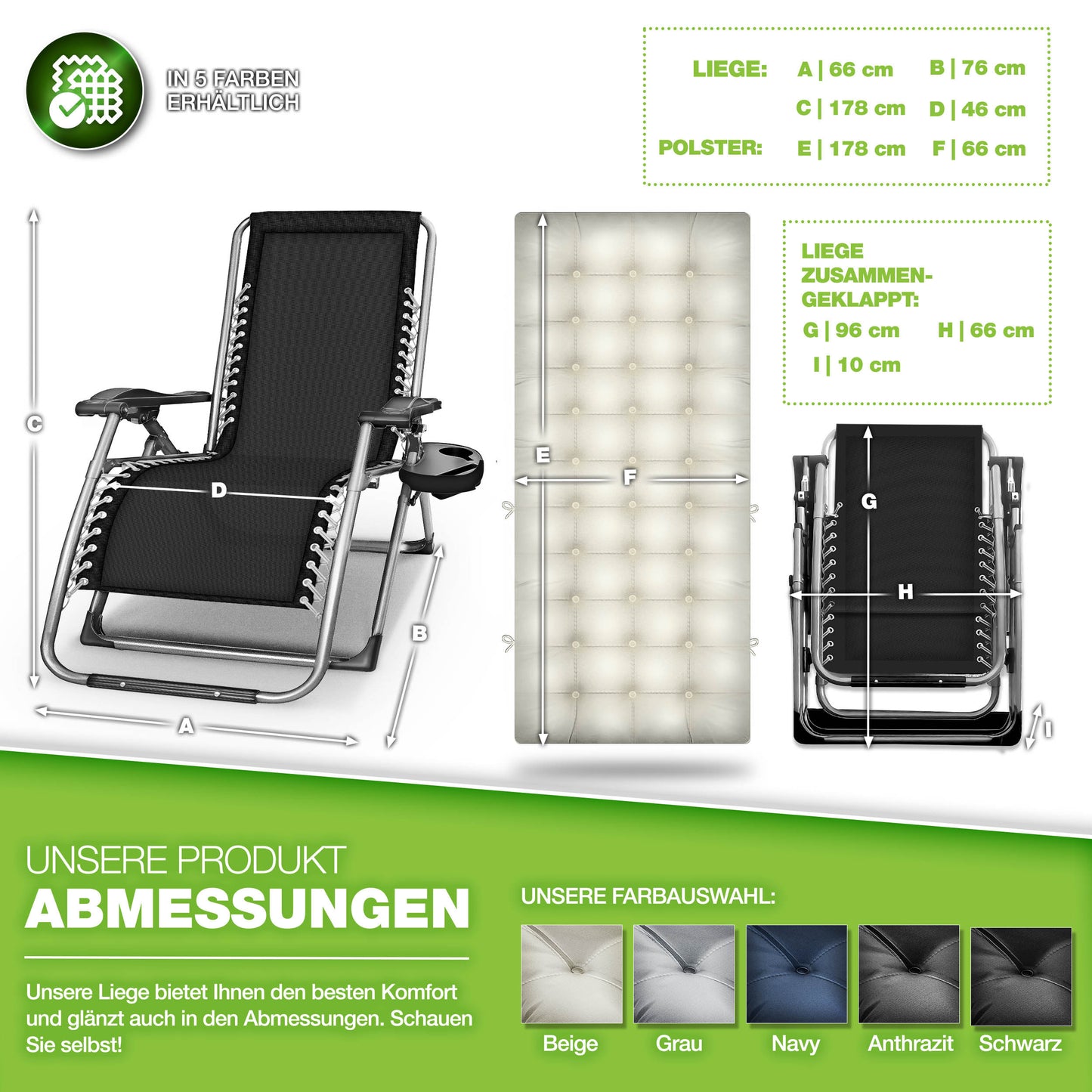tillvex® Liegestuhl klappbar bis 200kg Sonnenliege Outdoor Gartenliege mit Kissen wetterfest Balkon, Garten & Terrasse Outdoor Liege verstellbar mit dickem Polster Relaxliege faltbar extra breit Nackenkissen Getränkehalter