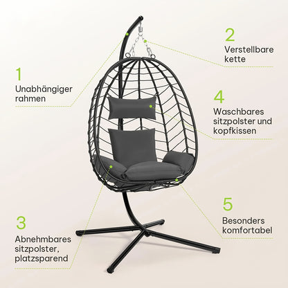 1 Stück Hängesessel mit Kissen, Loungesessel, Möbel, Hängesessel mit Rahmen, Schaukelstuhl, geeignet für den Innen- und Außenbereich, Tragfähigkeit 150 kg, PE Rattan gewebter Metallrahmen, geeignet für Gärten, Balkone, Terrasse, Wohnzimmer usw.