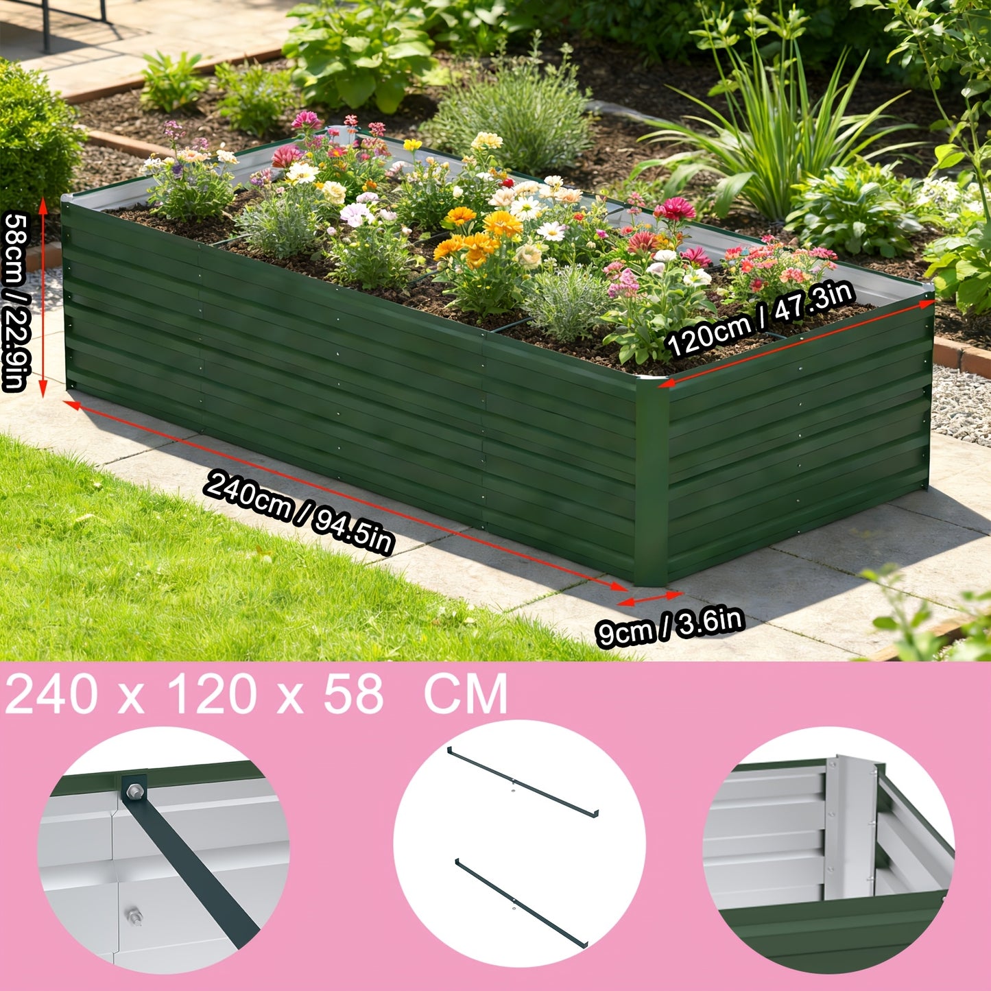 Hochbeet-Set – Pflanzkasten für Gemüse & Blumen im Freien – Rechteckiges Kräuterhochbeet für Garten, Terrasse – Grün/Schwarz/Silbrig – 4 Größen wählbar