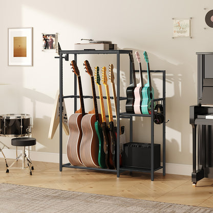 Multifunktionaler Gitarrenständer, geeignet für Akustikgitarren, E-Gitarren, Bassgitarren, Ukulelen, Banjos, fasst 7 Gitarren, mit Gitarrenverstärkerständer, Gitarrenzubehör-Aufbewahrungsregal und EVA-Staubschutzhülle, geeignet für Heimstudios, Schwarz