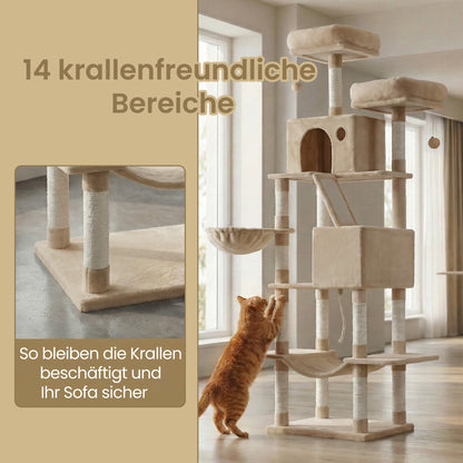 XXL Katzenklettergerüst 206 cm hoch einem Kippschutz, Kratzbaum Katzenbaum mit 13 Kratzsäulen, 2 Plattformen, 2 Höhlen, Korb, Hängematte, Plüschbälle,Stabiles Und Langlebiges ,Einfache Montage,für Wohnungskatzen die gerne klettern und hoch hinaus wollen
