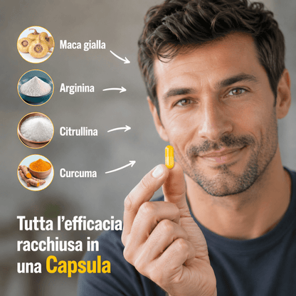 Nahrungsergänzungsmittel für Männer mit gelbem Maca, Arginin, Citrullin und Kurkuma – Schneller Versand aus lokalem Lager – 30 Kapseln, hergestellt in Italien
