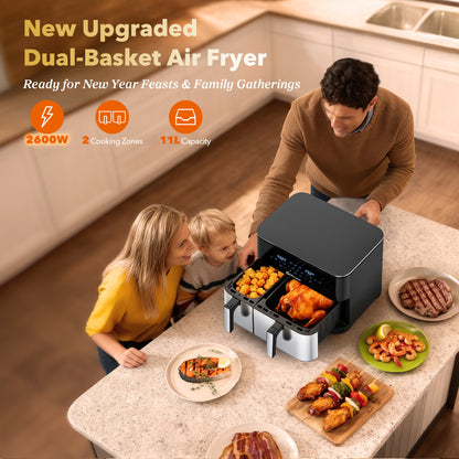WELLENT Dual Easy Fry Heißluftfritteuse 11 L (7L+4L) - Airfryer mit 2 Kammern, Schublade, 10 Programmen, 2600 W, Extra Crisp Technologie, Spülmaschinenfest