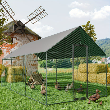 Vogelhaus für den Außenbereich mit großem Freilaufhühnerstall, umgeben von einem Zaun mit UV-Sonnenschutzabdeckung, Hühnerkäfig mit verzinktem Stahlrahmen, geeignet für die Aufzucht von Vögeln  Kaninchen