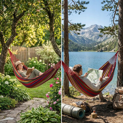 GARDEN TOURIST STRONG HANGMAT 180X80Cm + ABDECKUNG. Leichte Camping-Hängematte mit bunten Gurten. Robuste Hängematte aus dickem Naturmaterial für Terrasse und Balkon. Komplettes Aufhängungsset mit Transporttasche und Aufhängeseilen. Atmungsaktives Gewebe