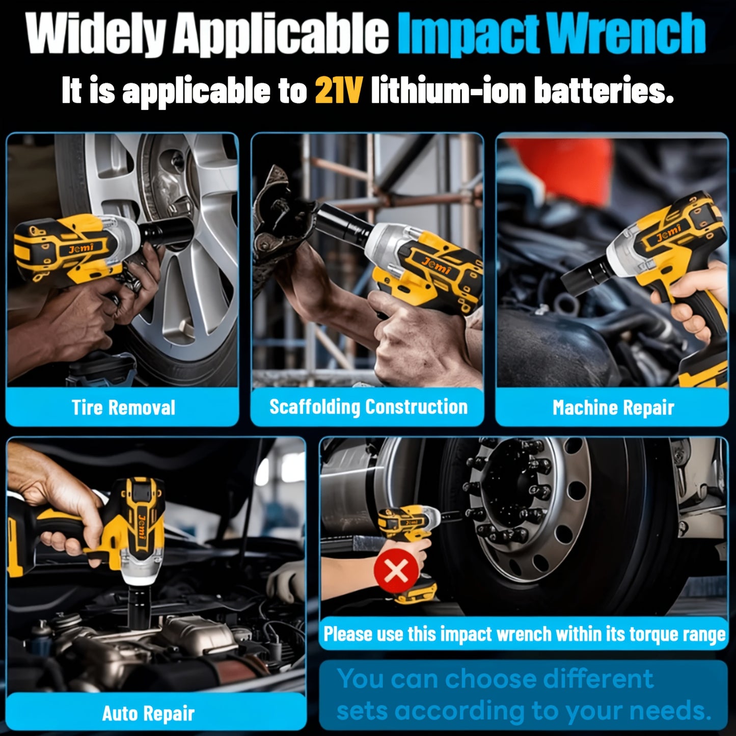 Jemi Tool 21V Akku-Schlagschrauber-Set, 4500 U/min, hohes Drehmoment, 1/2-Zoll-Antrieb, mit Steckschlüssel oder 13-mm-Bohrschraubenadapter, 3,0-Ah-Akku, Schnellladegerät, erhältlich in Kunststoffkoffer-Verpackung, ideal für die Autoreparatur und LKW-Repar