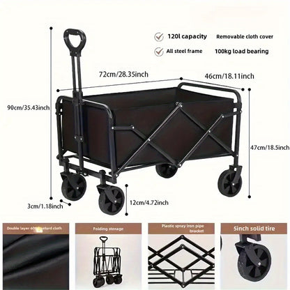 Robuster 149,69 KG faltbarer Transportwagen mit All-Terrain-Rädern, verstellbarem Griff & kompaktem Stauraum – Stahlrahmen und Oxford-Stoff für Camping, Strand, Gartenarbeit, Einkaufen (Schwarz), Gartenschieber, Strandausrüstungstransport, robustes Design