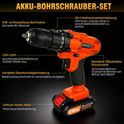 Akkuschrauber 21V Akku Bohrschrauber mit 2 Akkus und Ladegerät 25+1 Drehmomentstufen Klein Akkubohrer Akkubohrer Set mit 45 Nm Drehmoment Bohrmaschine Schlagbohrschrauber mit 10mm Bohrfutter LED-Licht Tragetasche 29 Zubehör