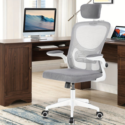 Ergonomischer Bürostuhl mit Netzgewebe, Schreibtischstuhl mit hoher Rückenlehne, verstellbare Lordosenstütze mit hochklappbarem Kopfstütze, hochklappbare Armlehnen, drehbarer Computer-Arbeitsstuhl, Weiß